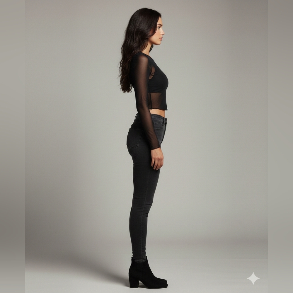 Avanova Women's NWOT Black Sheer Mesh Long Sleeve Crop Top Size Small - Picture 6 of 10